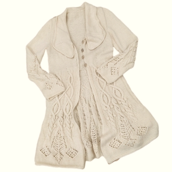 HANDKNIT Cable Knit Long Cardigan, Cream, Women's Small - Picture 6 of 6